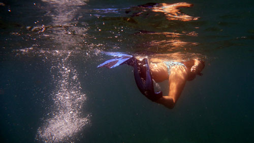 Fotografie zadečku šnorchlující mladé slečny, který ve Vás má vyvolat pocit, že byste za ní měli plavat.