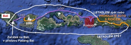 Národní park Komodo. Mapa výletu z Bali lodí